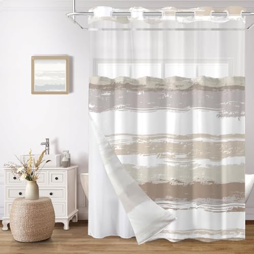No Hook Shower Curtain with Liner, Brown Stripe, 71x74 Inch
