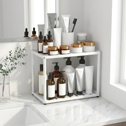 2 Tier Bathroom Counter Organizer, Rectangular Vanity Organizer Shelf, Skincare and Makeup Countertop Storage Rack for Kitchen, Bathroom, Bedroom,White