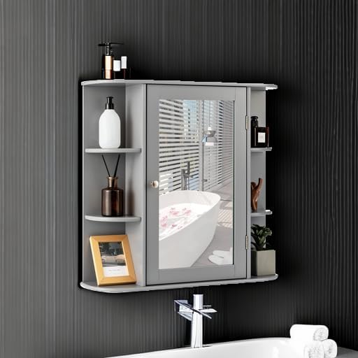 GIANTEX Bathroom Mirror Cabinet (Grey) | Wall Mounted Medicine Cabinet with Mirrored Door & 4 Interior Shelves, 6 Open Shelves, Space-saving Storage Cabinet