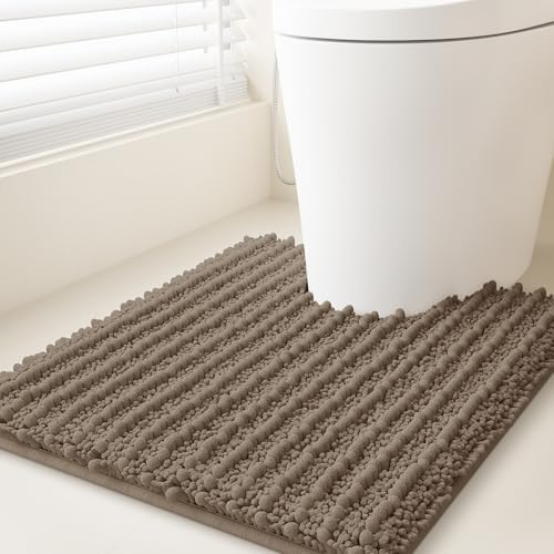 ACCUMTEK Upgrade Luxury Dark Beige Toilet Bathroom Rug Mat 24" x 20" Contour Rug, Ultra Soft Thick Absorbent Bath Mats, Non Slip Chenille Toilet Mat for Bathroom, Bedroom, Kitchen, Shower, Tub, Taupe
