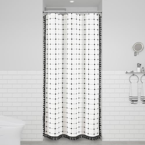 BTTN Stall Boho Farmhouse Linen Shower Curtain Set, 36x72, White and Black