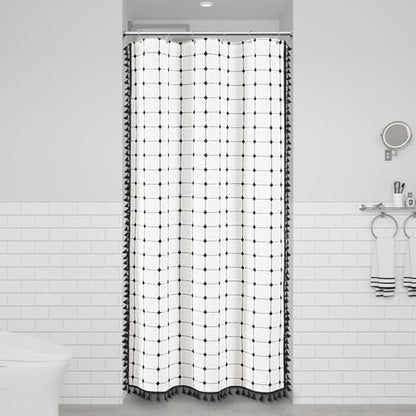 BTTN Stall Boho Farmhouse Linen Shower Curtain Set, 36x72, White and Black