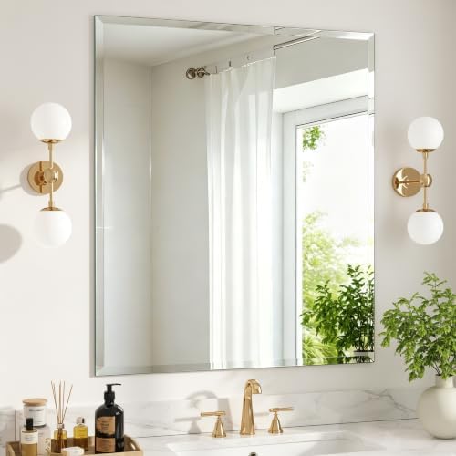30 x 36 Inch Frameless Wall Mirror Tempered Glass Rectangle Bathroom Vanity Mirror Polished Edge Dual Hanging Style Silver Home Deco