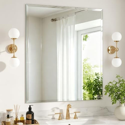 30 x 36 Inch Frameless Wall Mirror Tempered Glass Rectangle Bathroom Vanity Mirror Polished Edge Dual Hanging Style Silver Home Deco