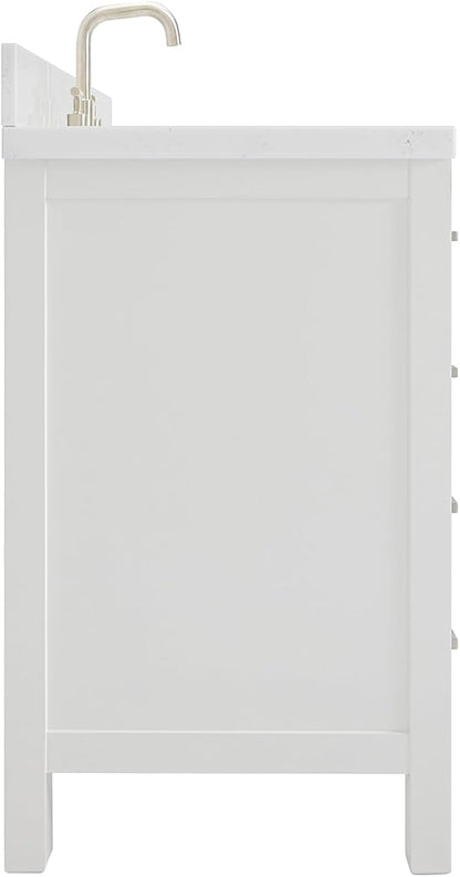 ARIEL Cambridge 60-inch Bathroom Vanity with Sink,Solid Wood, 1.5-inch Carrara White Quartz Countertop, Double Rectangular Porcelain Sink, 4 Soft Closing Doors, 6 Dovetail Drawers, White