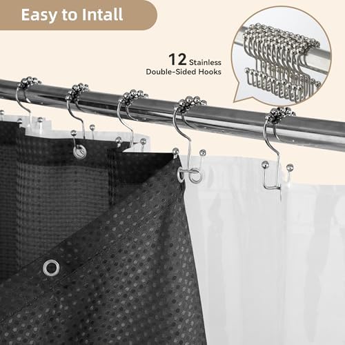 Shower Curtain and Liner Set, 3 in 1 Waffle Shower Curtain Set with 12 Double Sided Shower Curtain Hooks, Fabric Shower Curtains for Bathroom, Black, 72 x 72