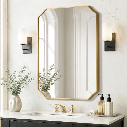 Delma Bathroom Vanity Mirror, Gold Framed Aluminum Bathroom Mirror for Over Sink, Scalloped Round Corner Wall Mirror, High-Definition Vanity Mirror, Hangs Horizontally or Vertically (36x24,Gold)