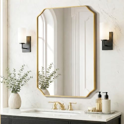 Delma Bathroom Vanity Mirror, Gold Framed Aluminum Bathroom Mirror for Over Sink, Scalloped Round Corner Wall Mirror, High-Definition Vanity Mirror, Hangs Horizontally or Vertically (36x24,Gold)