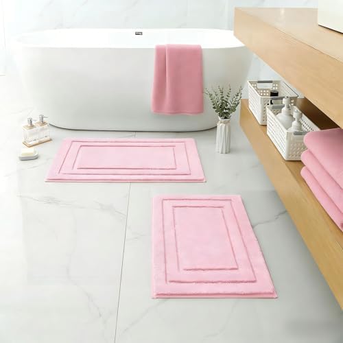 HOMEIDEAS Pink Bathroom Rug, 2 Piece Super Soft Microfiber and Absorbent Shower Mat, Machine Washable Bath Mats for Valentine's Day Decorations, 20" x 32" + 16" x 24"