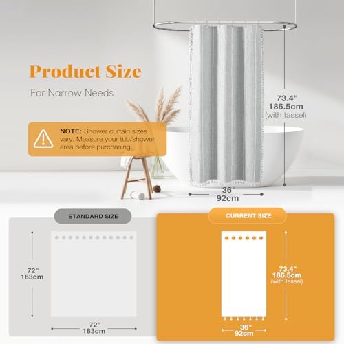 BTTN Small Boho Linen Heavy Duty Cloth Shower Curtain, 36x72, Grey/Gray