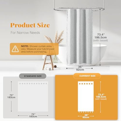 BTTN Small Boho Linen Heavy Duty Cloth Shower Curtain, 36x72, Grey/Gray