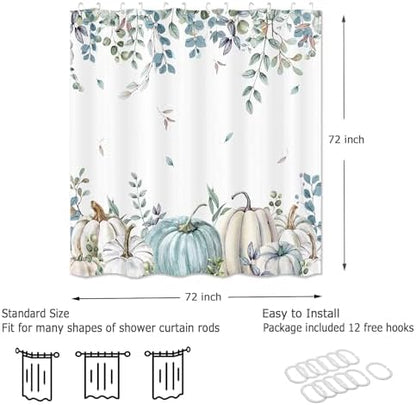 Pumpkin Fall Shower Curtains for Bathroom, Eucalyptus Leaves Watercolor Pumpkins Shower Curtain Sets, Autumn Botanical Seasonal Bathroom Decor Bathtub Waterproof Polyester Fabric with Hooks, 72x72