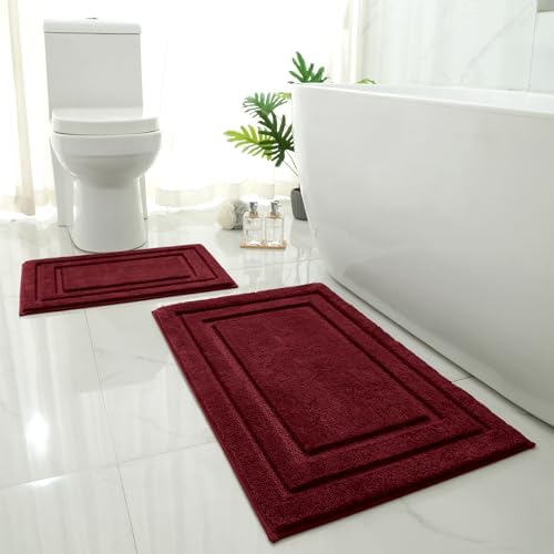 HOMEIDEAS Bathroom Rugs Sets 2 Piece, Non Slip Bath Mat Burgundy Red