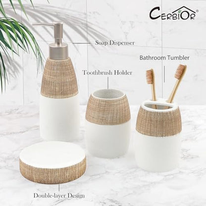 CERBIOR Bathroom Accessories Set,4 PCS Ceramic Bath Accessory,Brown White