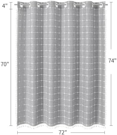 MitoVilla No Hooks Needed Boho Farmhouse Shower Curtain with Snap-in Liner, Cotton Linen Fabric Shower Curtains with Tassels for Rustic Neutral Bathroom Decor, Grey, 72 x 74