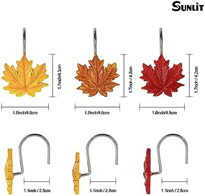 Sunlit Maple Leaf Shower Curtain Hooks for Fall Autumn, Home Decorative Shower Curtain Rings for Bathroom, Resin, Orange Red Maple Leaves Shower Curtain Hangers Hooks Bath Accessories, Set of 12