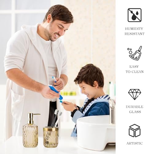 RRM Glass Bathroom Toothbrush Holder and Soap Dispenser Set, Brown