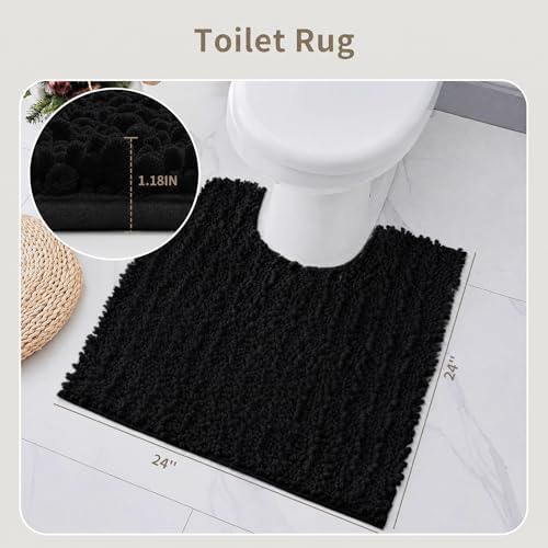 Toilet Rugs U-Shaped Mat 24x24, Contour Bathroom Mat - Ultra Soft & Absorbent Chenille, Quick-Dry, Machine Washable with Non Slip Barrier Backing, Black