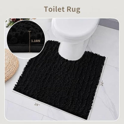 Toilet Rugs U-Shaped Mat 24x24, Contour Bathroom Mat - Ultra Soft & Absorbent Chenille, Quick-Dry, Machine Washable with Non Slip Barrier Backing, Black