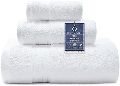 COZYART Luxury Bath Towel Set 3 PCS, White 100% Turkish Cotton 650 GSM