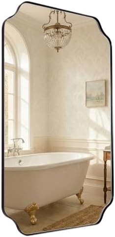 MIRRORART Black Scalloped Mirror 24x40'', Transional Rounded Notched Corner Bathroom Rectangle Vanity Mirror in 1’’ Seamless Stainless Steel Metal Frame Wall-Mounted Vertical/Horizontal, HD Mirror