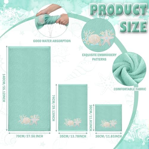 Gilprop 3 Pcs Coastal Ocean Bath Cotton Towels Set Teal Embroidered Towels