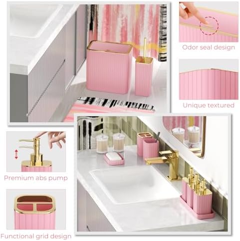 Bathroom Set - Bathroom Accessory Set, Pink Bathroom Set, 26PC Bathroom Sets with Shower Curtain and Rugs, Toilet Brush, Trash Can, Qtip Holder & Bathroom Soap Dispenser Set
