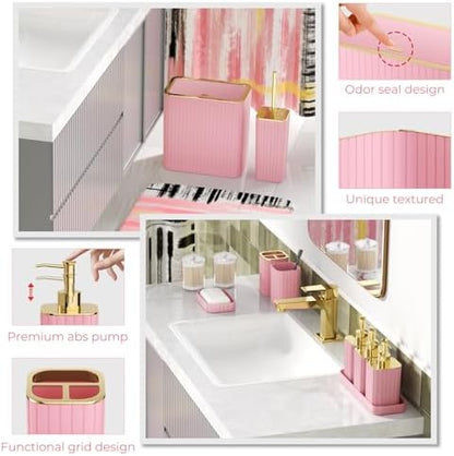 Bathroom Set - Bathroom Accessory Set, Pink Bathroom Set, 26PC Bathroom Sets with Shower Curtain and Rugs, Toilet Brush, Trash Can, Qtip Holder & Bathroom Soap Dispenser Set