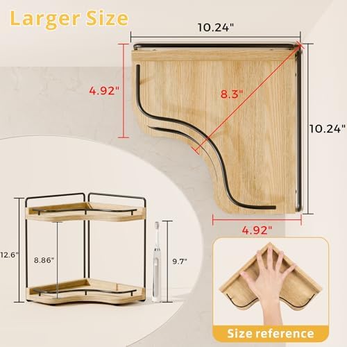 2-Tier Corner Bathroom Counter Organizer, Larger, Light Walnut