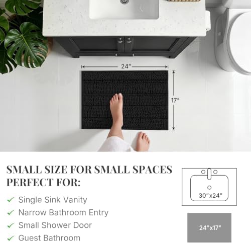 Bcoimo Small Bath Rug Mat,24x17 Chenille Non Slip Black Bathroom Floor Mats