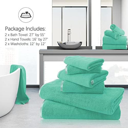 TENSTARS Luxury Silk Hemming Towel Set - Light Thin Quick Drying - 2 Bath Towels 2 Hand Towels 2 Washcloths - Ultra Soft Microfiber Towel for Bath Fitness, Sports, Yoga, Travel (Aqua Green, 6 Pieces)