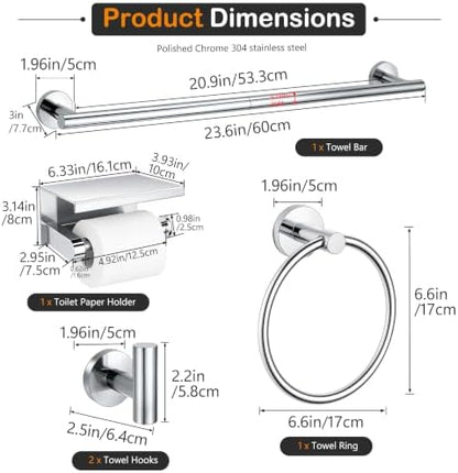 5 Pieces Bathroom Hardware Accessories Set Polished Chrome, 24Inch RoundTowel Racks Set for Bathroom, SUS304 Stainless Steel Towel Bar Set, Toilet Paper Holder with Shelf Wall Mounted
