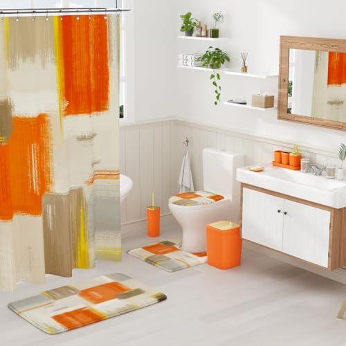 XLHOMO Bathroom Accessories Set - 25PC Bathroom Set with Shower Curtain and Rugs, Orange Bathroom Set, Bathroom Accessory Set with Press-on Lid Trash Can, Soap Dispenser and Qtip Holders for Home