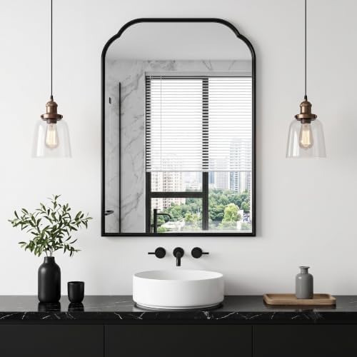 30"x20"﻿ Black Bathroom Scalloped Mirror, Rust-Proof Metal Frame