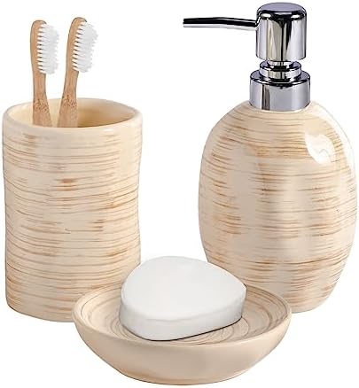 Bathroom Accessory Set of 3, Ceramic Bathroom Accessories Complete -Toothbrush Holders, Soap Dispenser, Soap Dish, Rustic Boho Bathroom Decor, Farmhouse Bathroom Organizer for Countertop