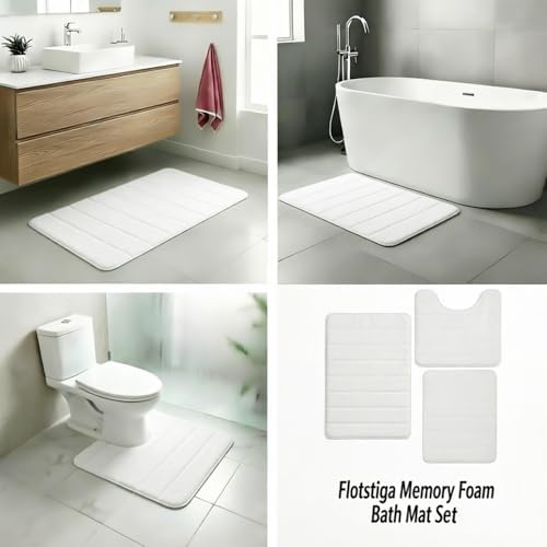 Memory Foam Bath Mat Set 3 Piece，Super Soft Absorbent Bathroom Rug Non Slip, Quick Dry,Machine Wash, Perfect Plush Bathroom Rugs,Home Decor Accessories,White