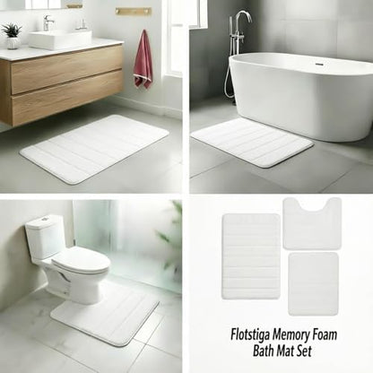 Memory Foam Bath Mat Set 3 Piece，Super Soft Absorbent Bathroom Rug Non Slip, Quick Dry,Machine Wash, Perfect Plush Bathroom Rugs,Home Decor Accessories,White