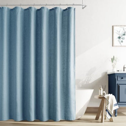 Naturoom Linen Shower Curtain 84 Inch Long for Bathroom Blue 1 Panel