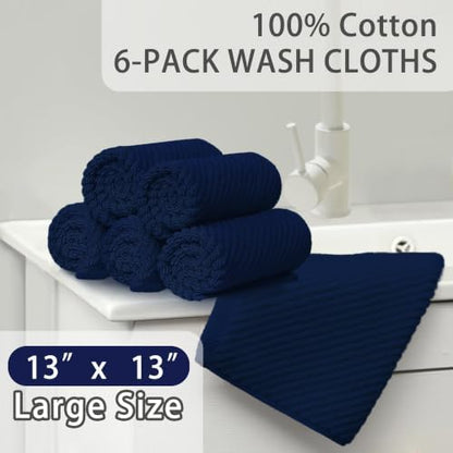 VOOVA & MOVAS Wash Cloths 6PC, 100% Cotton, 13x13 in, Navy Blue