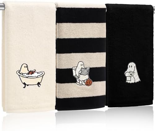 FuWeave 3 Pcs Black Beige Halloween Ghost Hand Towels for Bathroom