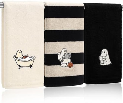 FuWeave 3 Pcs Black Beige Halloween Ghost Hand Towels for Bathroom