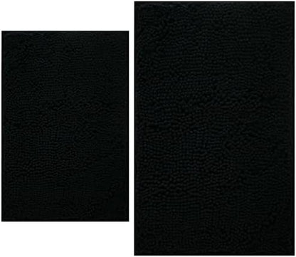 Bathroom Rugs Sets 2 Piece, Extra Soft Chenille Bath Mat Ultra Absorbent Bathroom Rug, Bathroom Mat with Sturdy PVC Non-Slip Bottom, Machine Washable Bath Rugs (20x32 Inch + 16x24 Inch, Black)
