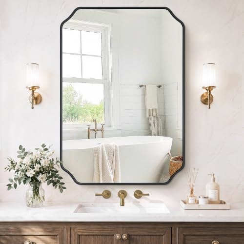 Vanity Bathroom Mirror, 28" x 40" Black Scalloped Mirror for Wall