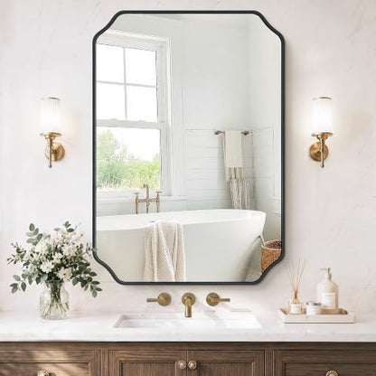 Vanity Bathroom Mirror, 28" x 40" Black Scalloped Mirror for Wall
