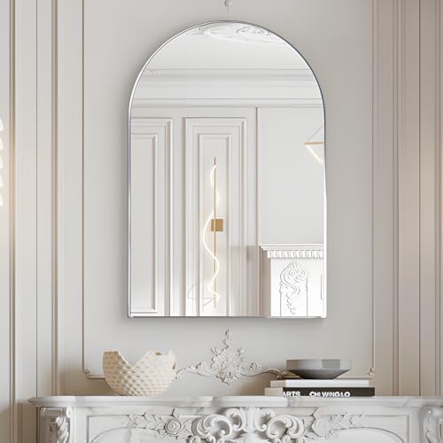 Wall Mounted Mirror, Arched Wall Mirror for Bathroom, 24"x36" Arch Bathroom Mirror with Metal Frame, Silver Vanity Mirror Decor for Mantle, Bedroom, Entryway, Living Room