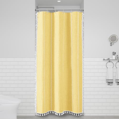 BTTN Small Boho Linen Heavy Duty Cloth Shower Curtain Set, 36x72, Yellow