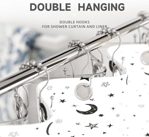 Shower Curtain Hooks Silver, Bathway Shower Curtain Rings Rust Proof, Shower Hooks for Shower Curtain Balanced Smooth Glide Double Shower Curtain Hooks, 12 Pcs