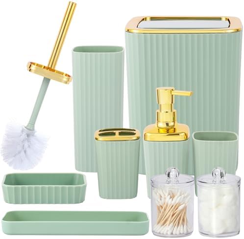 9 PCS Green Bathroom Accessories Set with Trash Can Bathroom Accessory