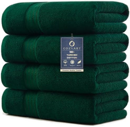 COZYART Luxury Bath Towels 4 PCS, 27x54 650 GSM Turkish Cotton, Dark Green