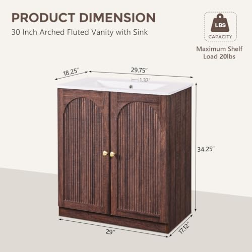 IFBUY 30 Inch Arched Bathroom Vanity with Sink, Fluted Design, Dark Walnut